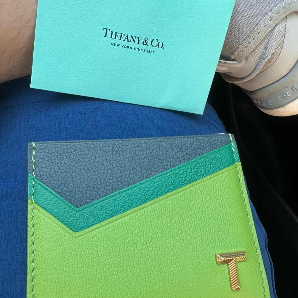 Tiffany & Co. Lime Green, Teal & Dark Blue Leather Card Holder with Gold 'T'
